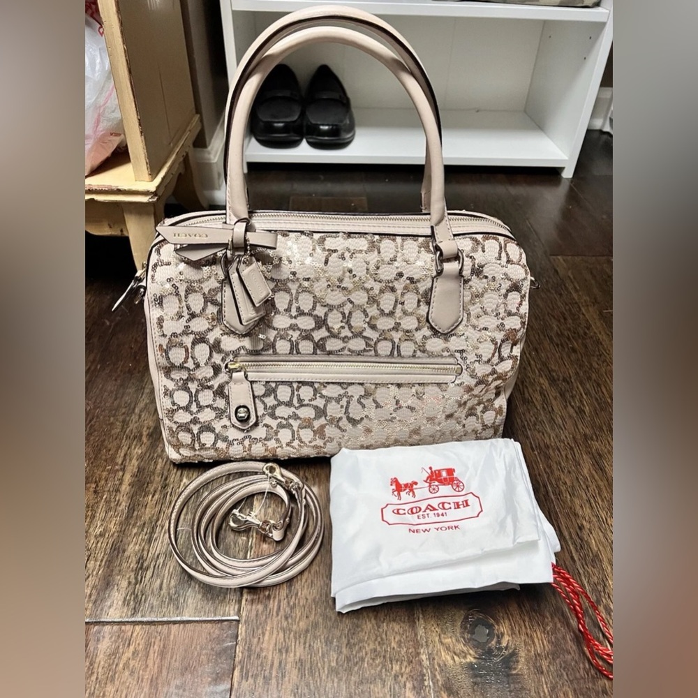 Coach Champagne Leather Gold Sequined Poppy Signature East West Satchel PERFECT!